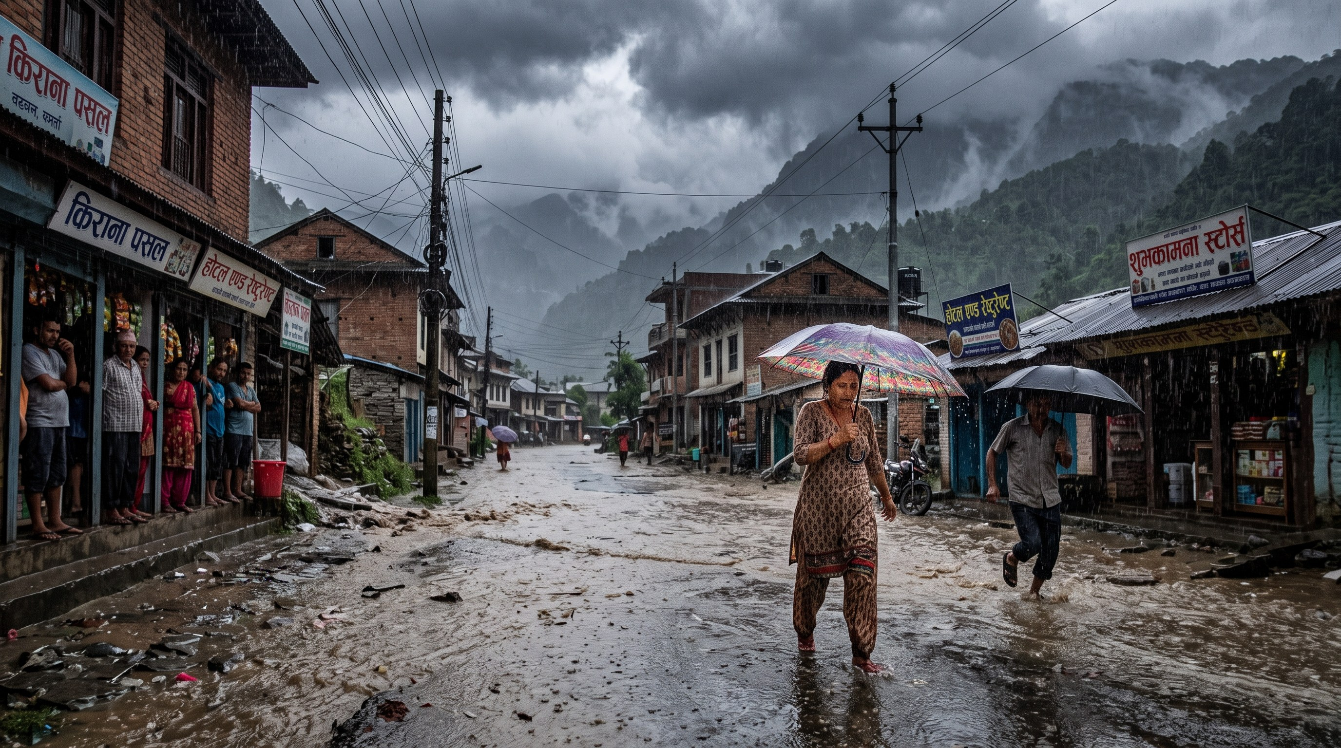 Heavy monsoon rain and dark clouds over a landscape in Nepal as authorities warn of increased rainfall and flood and landslide risks.