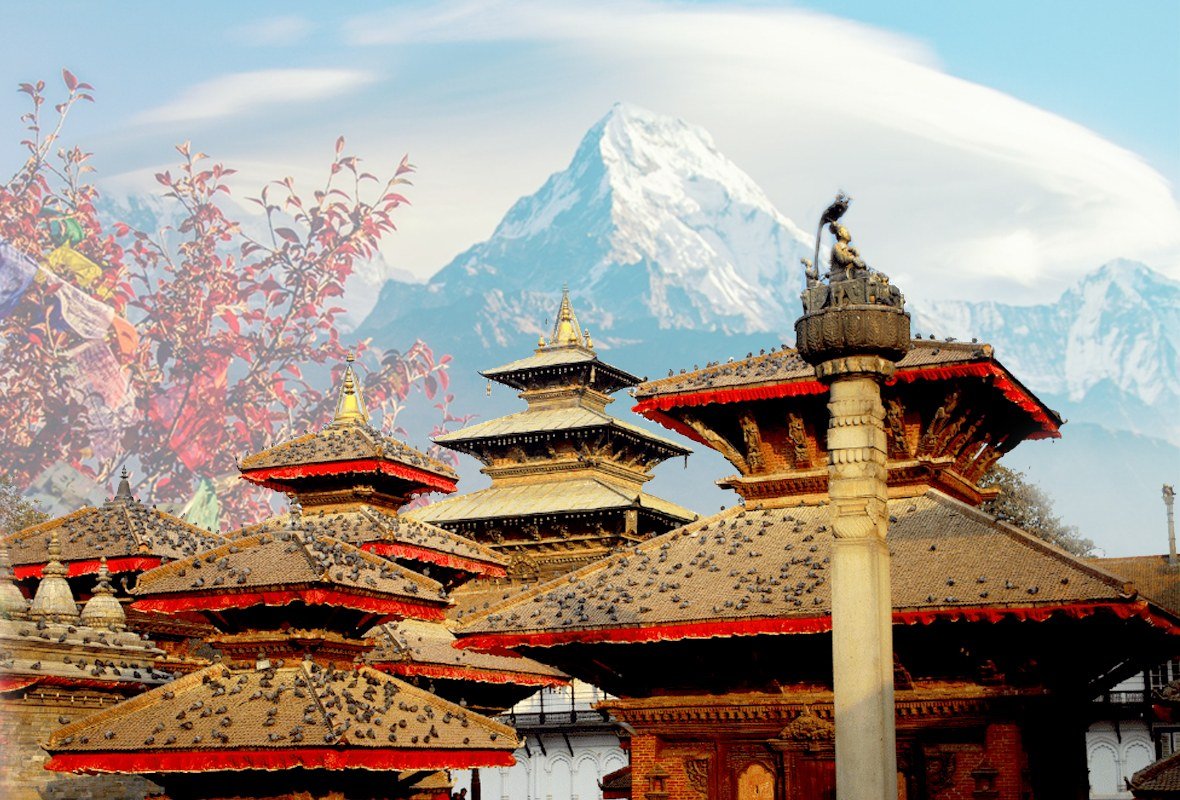 Panoramic view of Kathmandu with historic temples, urban neighbourhoods and green hills surrounding the capital of Nepal.