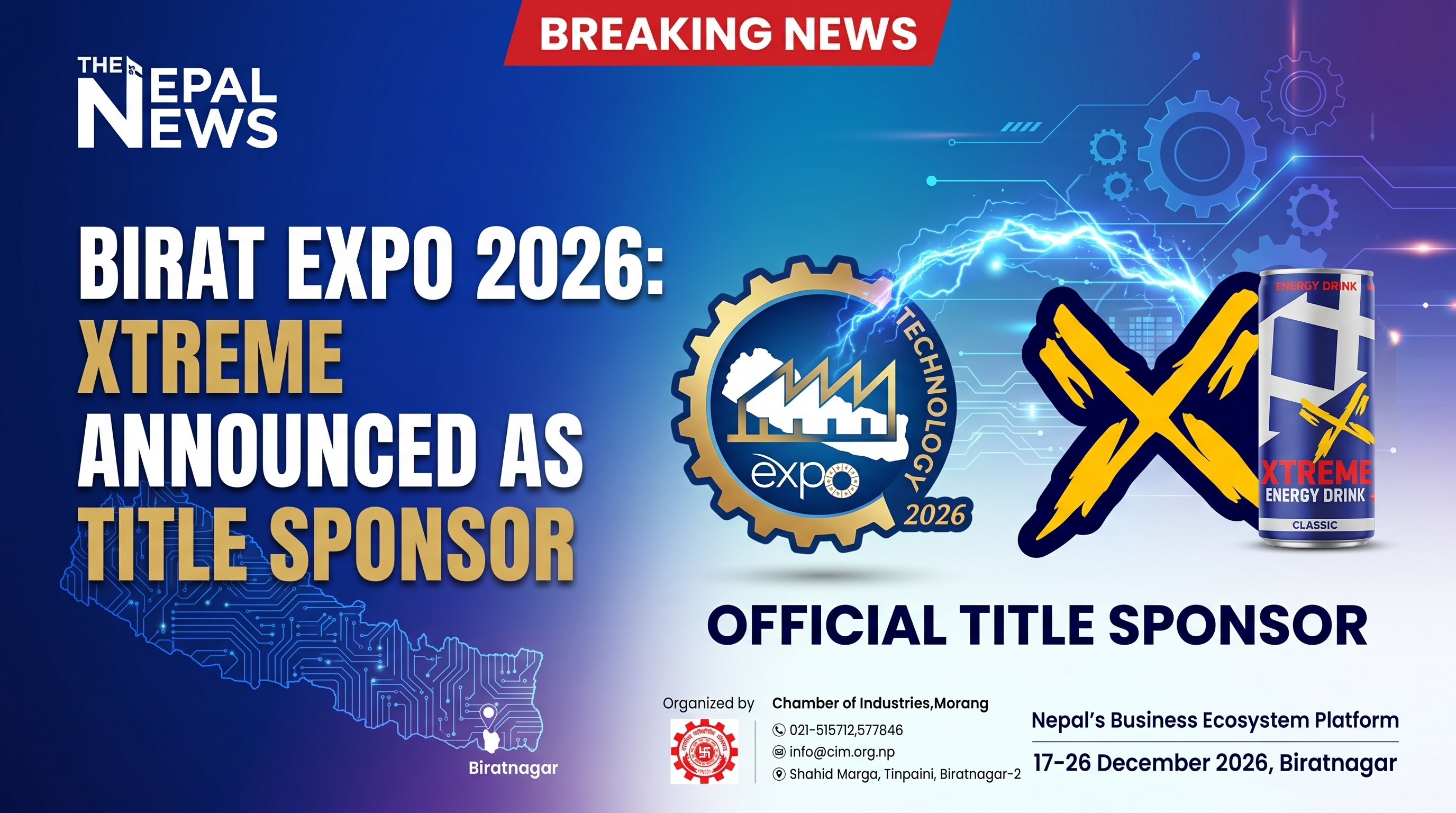 Representatives of Xtreme Energy Drink and the Chamber of Industries Morang during the Birat Expo 2026 sponsorship announcement in Biratnagar.