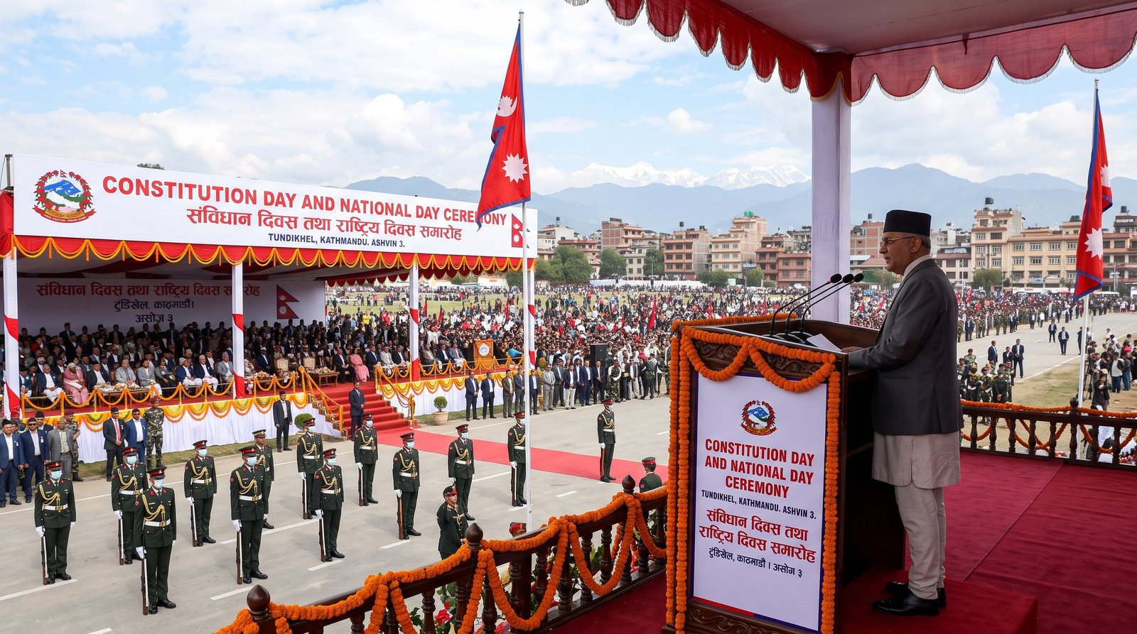 Prime Minister Balendra Shah addresses the Constitution Day and National Day ceremony at Tundikhel in Kathmandu.