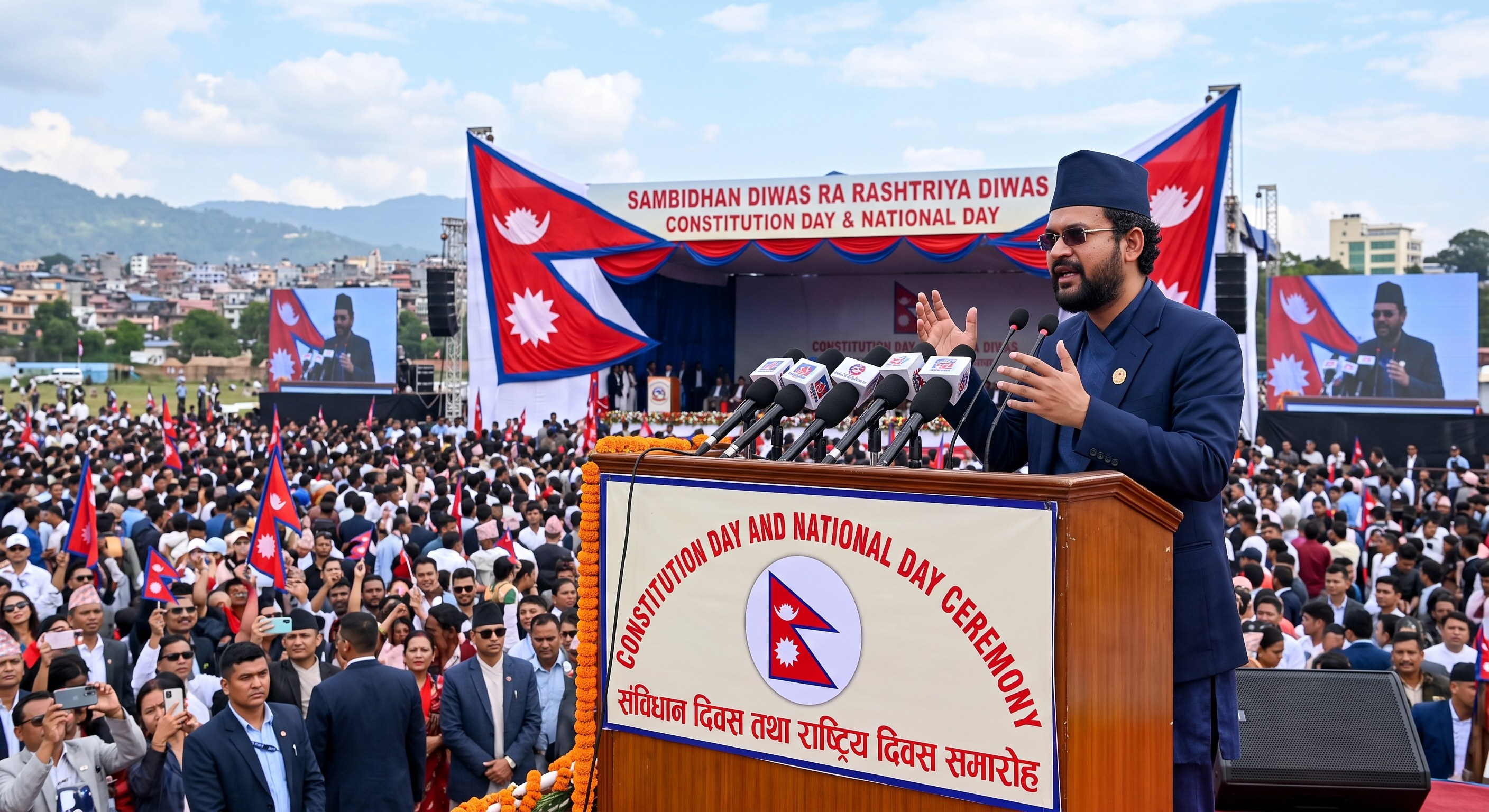 Baburam Bhattarai, Bipin Acharya and Rachana Khadka taking part in a Constitution Day discussion on constitutional amendment and implementation in Nepal.
