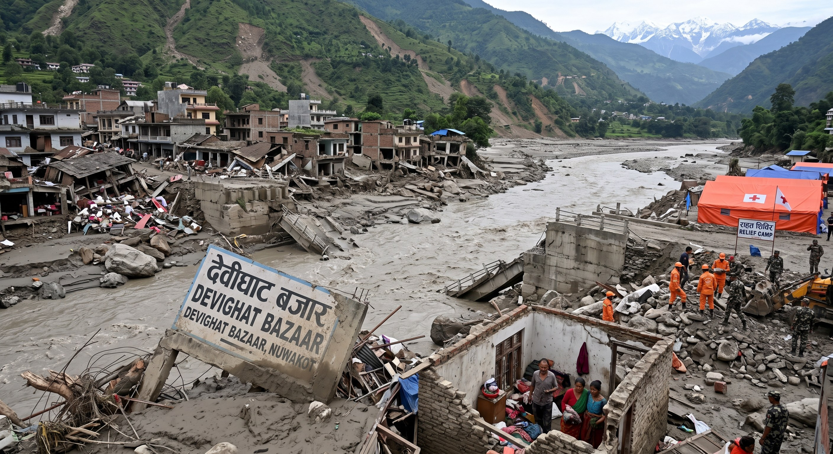 Mud-covered buildings and flood debris along the damaged riverbank at Devighat Bazaar in Nepal after the August 2026 glacier-triggered flood.